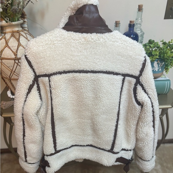 LEVI’S FAUX SHERPA & LEATHER DETAIL MOTO COAT TEDDY BEAR JACKET WHITE BROWN SZ L - Picture 7 of 12